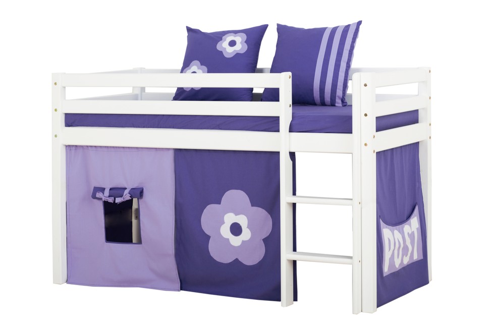 Hoppekids - BASIC Halvhøj seng med skummadreas + madrasbetræk + forhæng 70x160 - Purple Flower