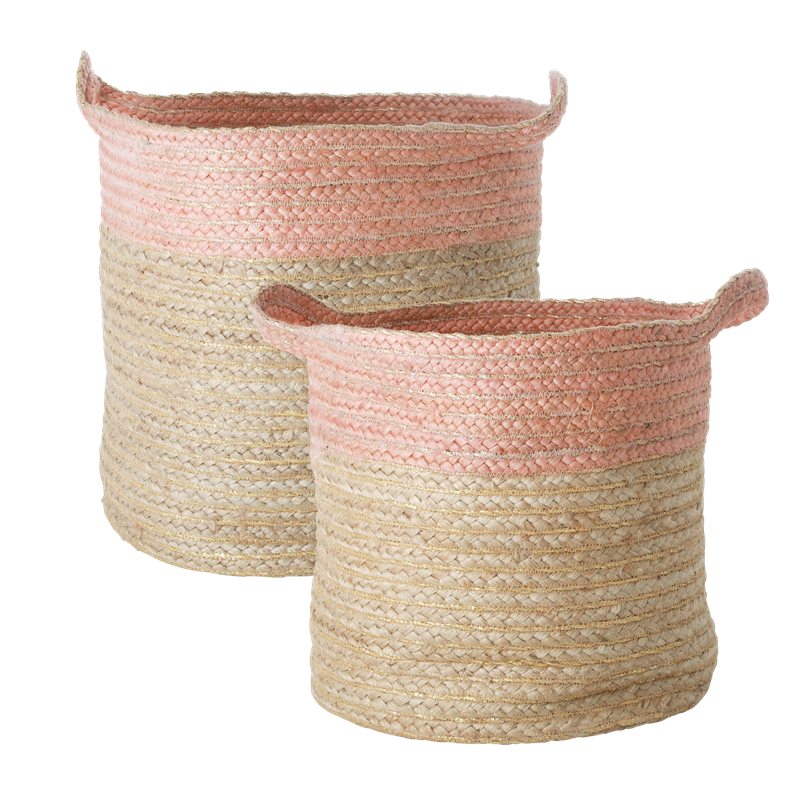 Rice - Set of Round Woven Storage Baskets - Soft Pink Edge