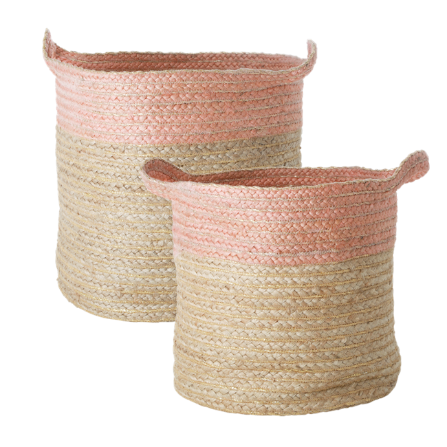 Rice - Set of Round Woven Storage Baskets - Soft Pink Edge
