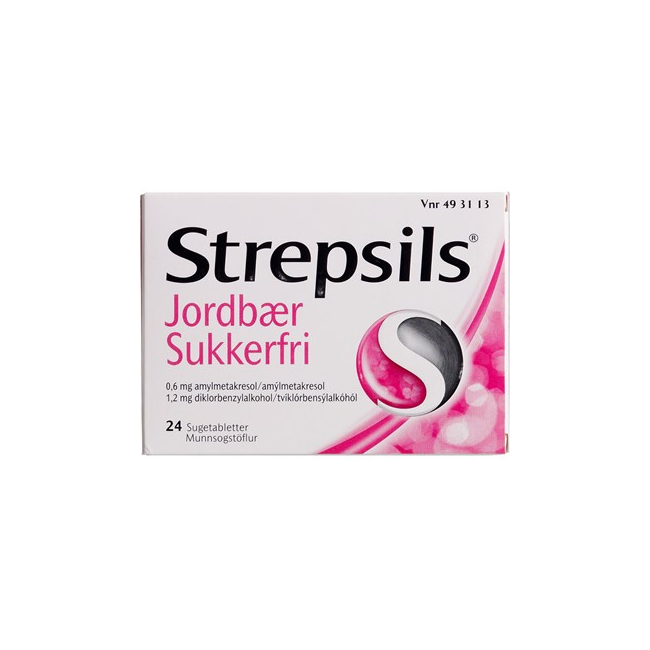 Strepsils - Jordbær Sukkerfri sugetabletter, 0,6+1,2 mg - 24 stk. (493113)