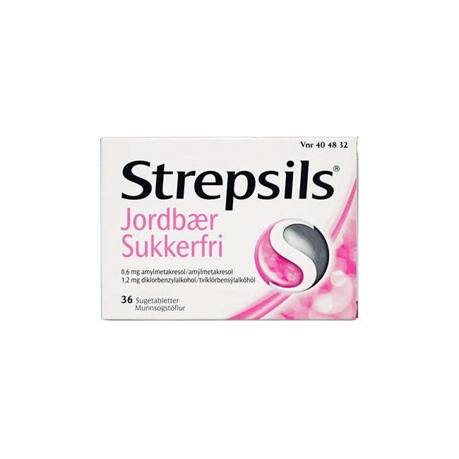 Strepsils - Jordbær Sukkerfri sugetabletter, 0,6+1,2 mg - 36 stk. (404832)