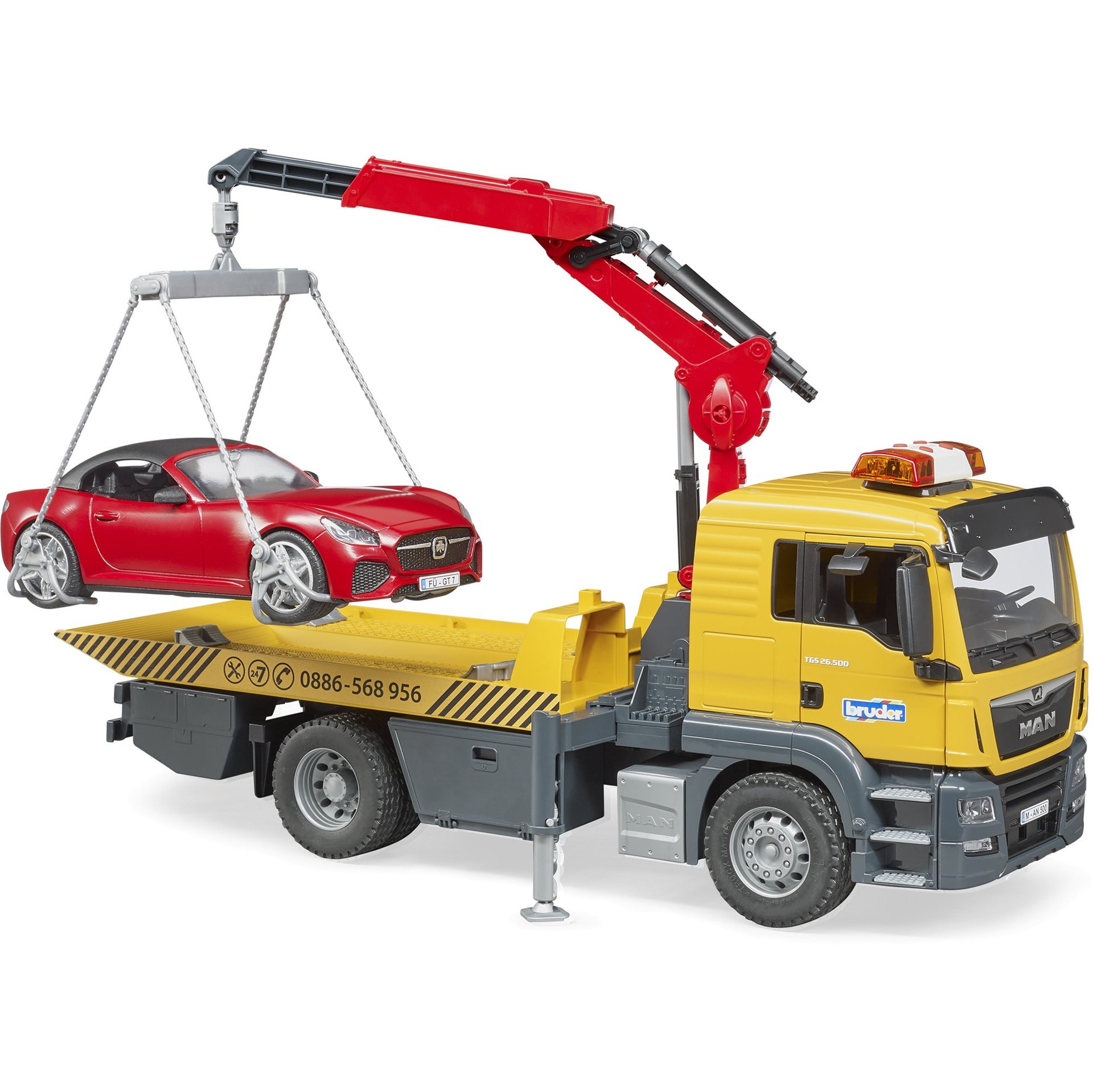 Koop Bruder- MAN TGS Tow truck with BRUDER roadster and Light and sound