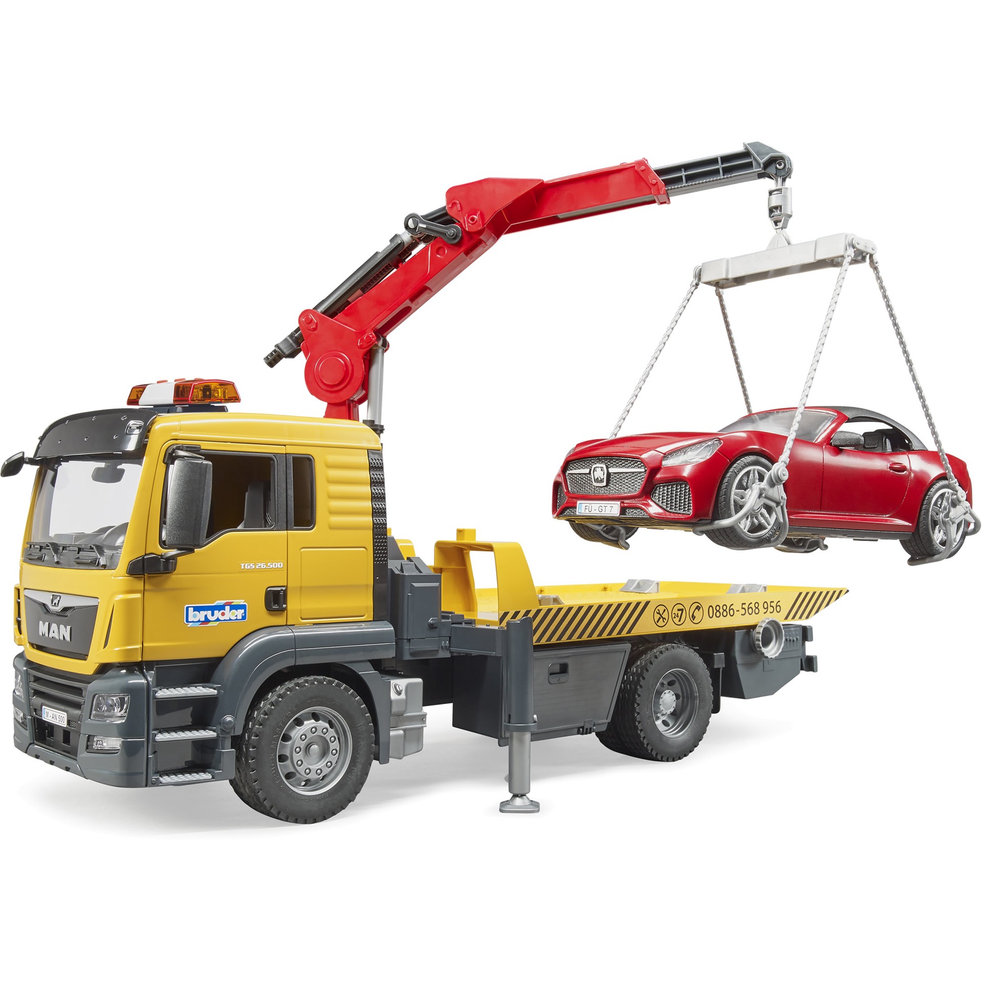 Kaupa Bruder- MAN TGS Tow truck with BRUDER roadster and Light and