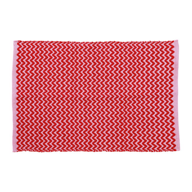Rice - Håndlavet Genbrugsplast Gulvtæppe  60 x 90 cm. - Rød & Pink Zig Zag