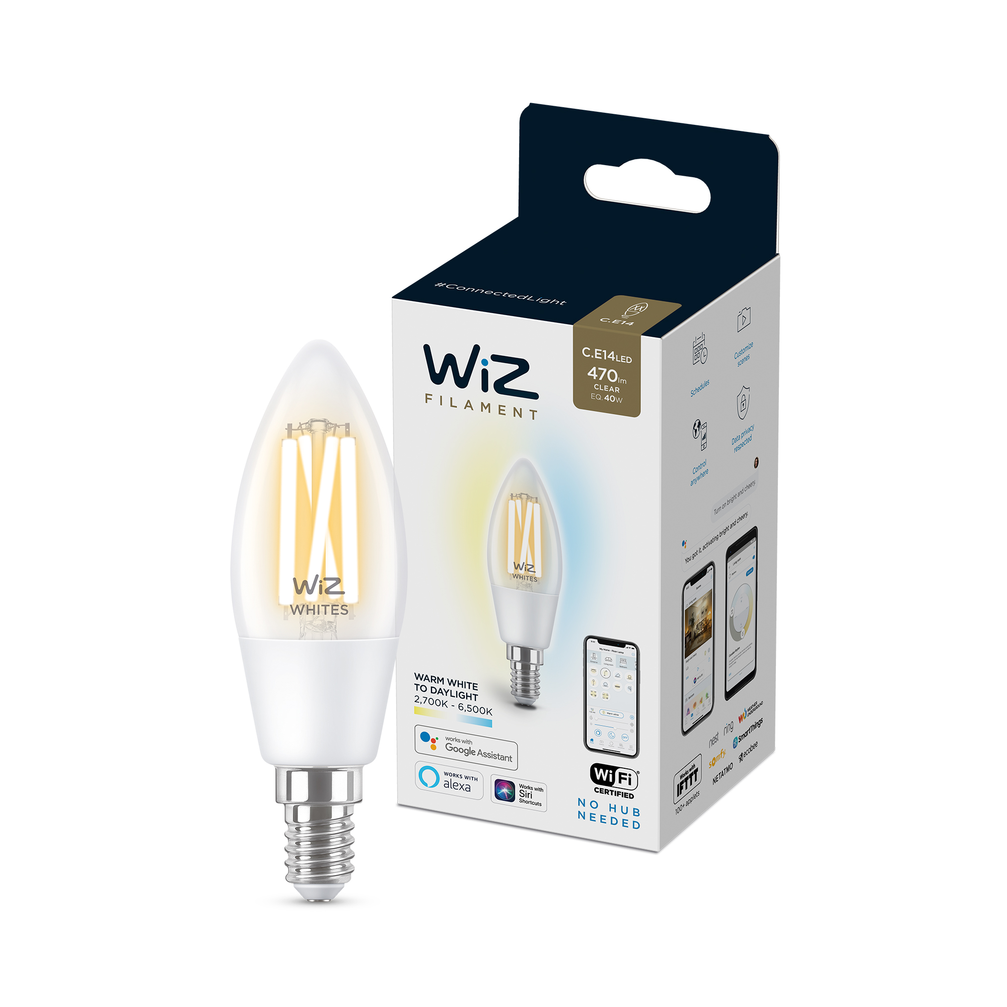WiZ - C35 Klar Lyspære E14 Regulerbart Hvitt Lys - Smart Hjem - Elektronikk