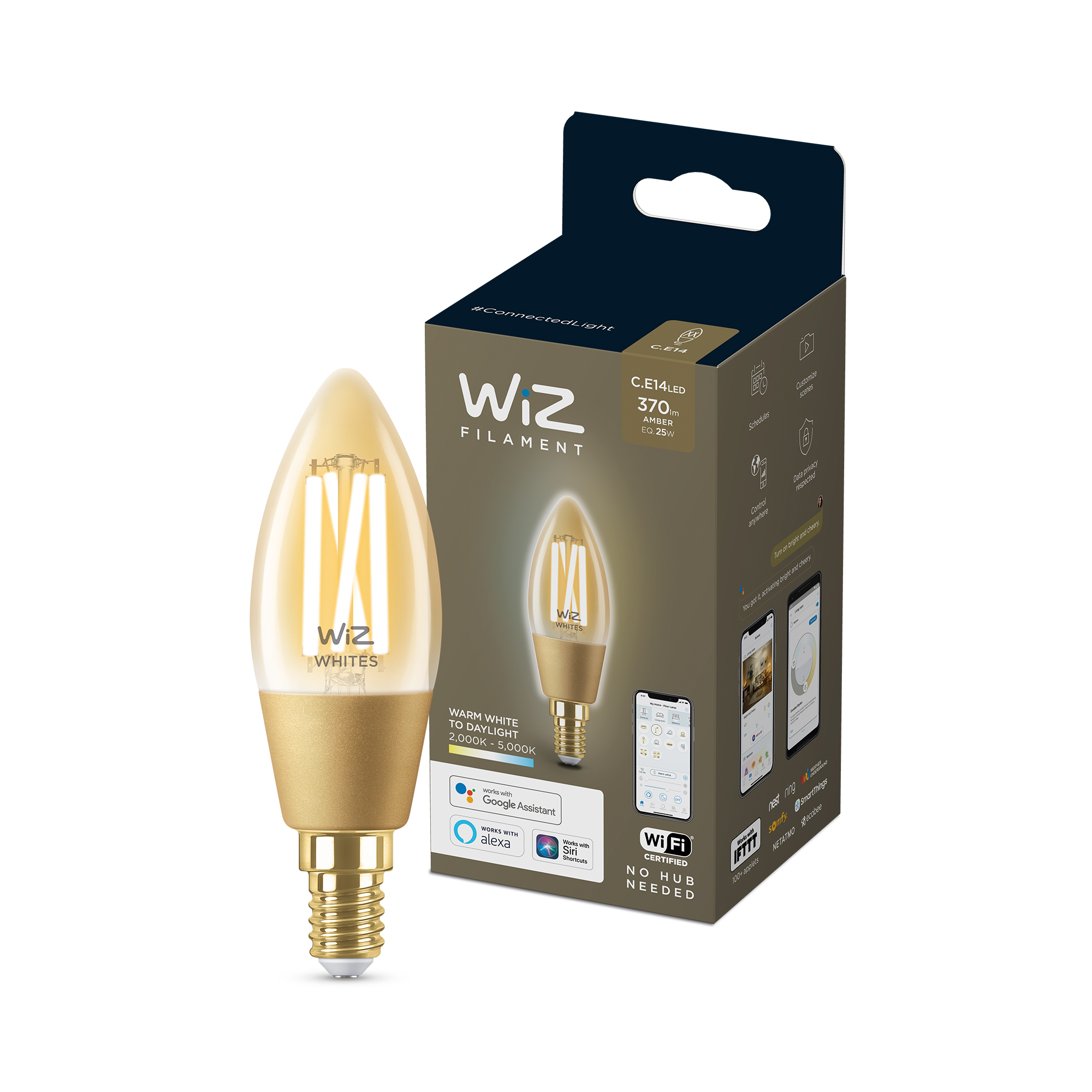 WiZ - C35 Amber Lyspære E14 Regulerbart Filament - Smart Hjem - Elektronikk