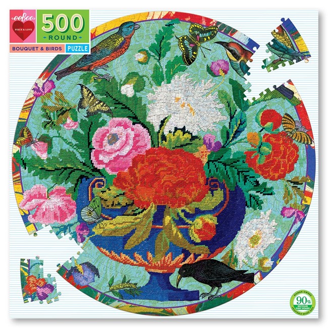 eeboo - Rundt puslespil - Blomsterbuket og fugle, 500 brikker (EPZFBQB)