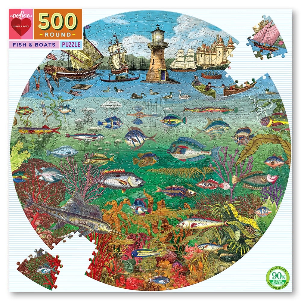 eeboo - Round Puzzle - Fish & Boats, 500 pc (EPZFFBB)