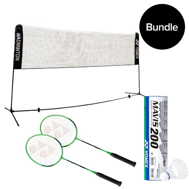 Yonex - Transportabelt badmintonnet + 2x Badmintonketchere & 6pack Fjerbolde - Bundle