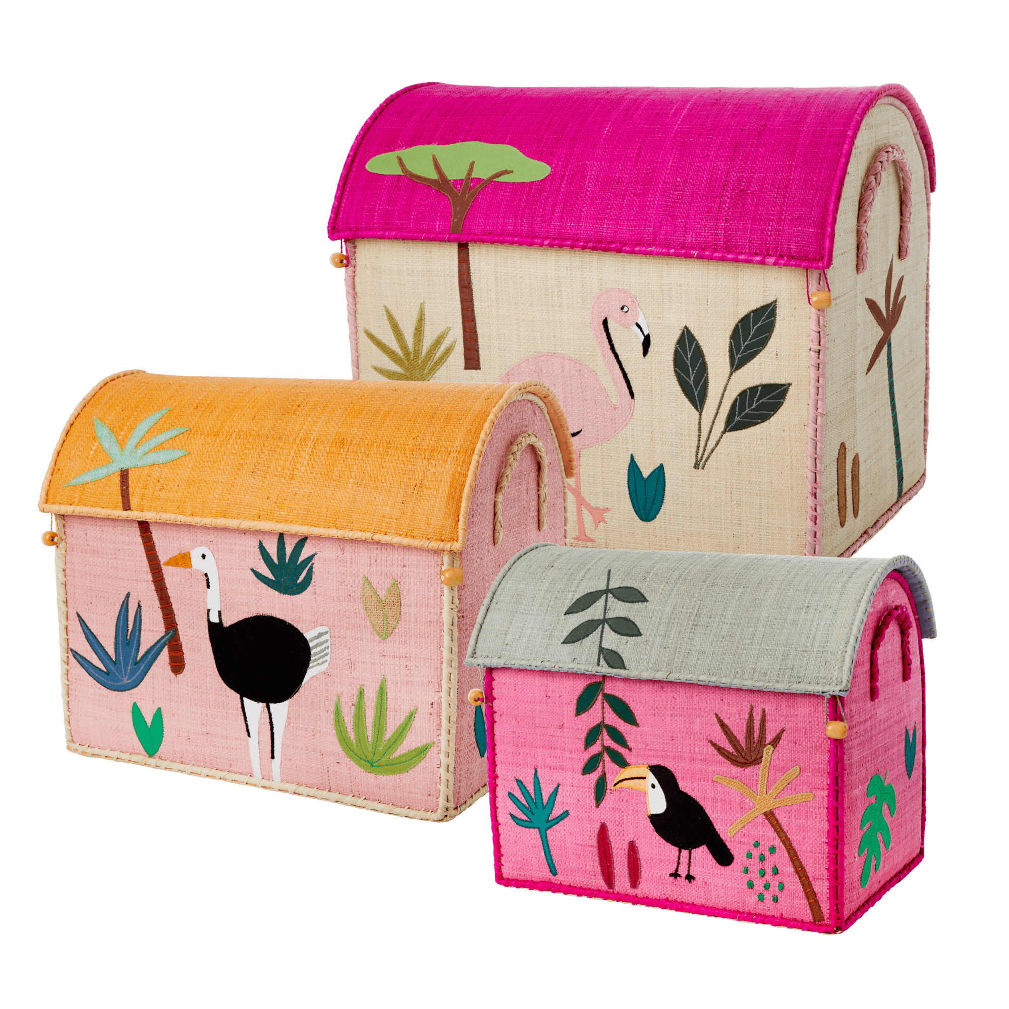 Rice - Large Set of 3 Toy Baskets- Pink Jungle Theme