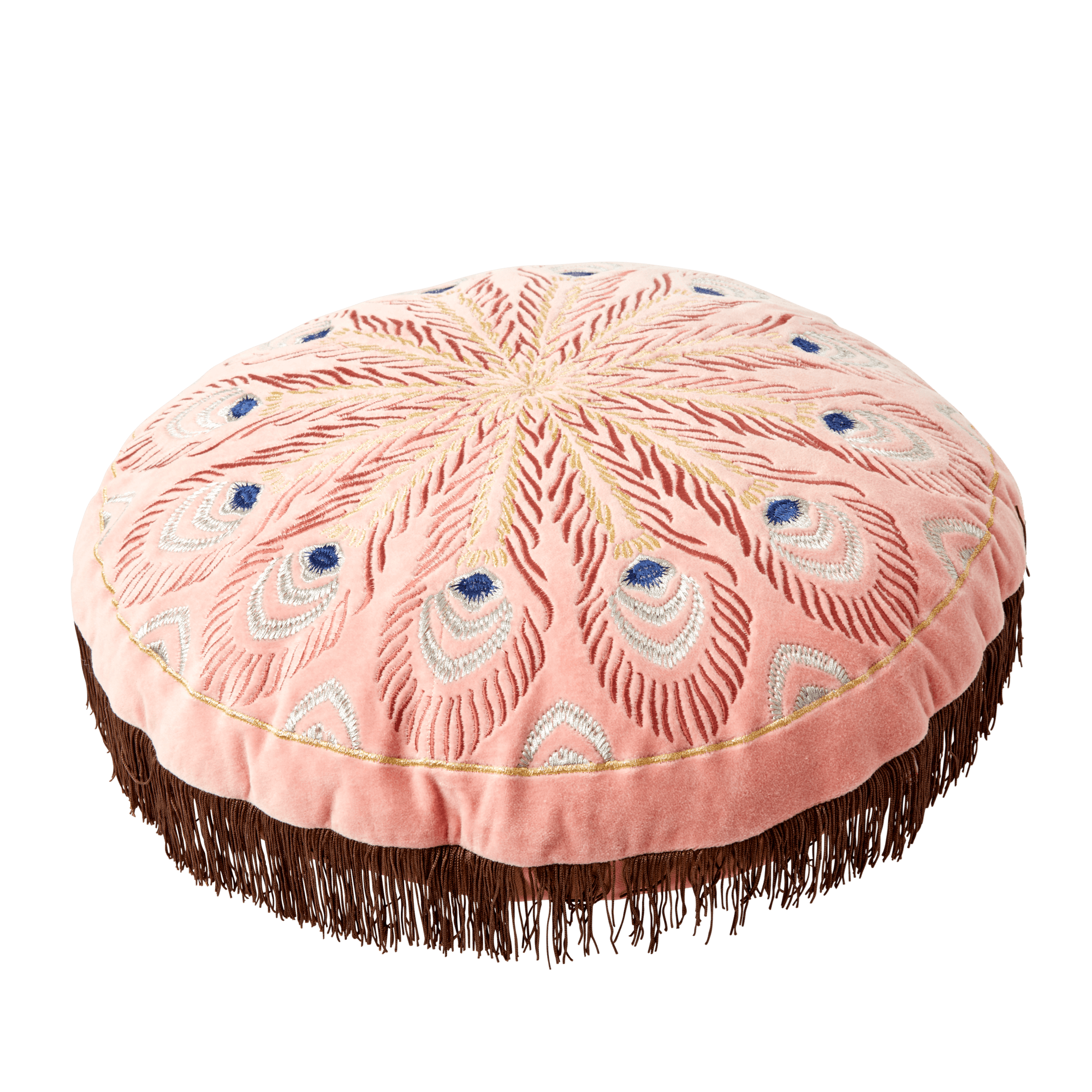 Rice - Circle Cushion - Pink w. Peacock Embroidery Brown Tassels