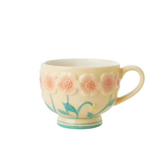 Rice - Ceramic Mug -Embossed Creme Flower Design