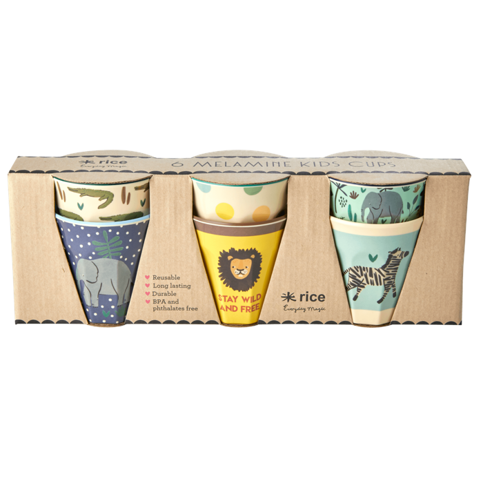 Rice - 6 Pcs Small Melamine Kids Cups -Jungle Print Blue