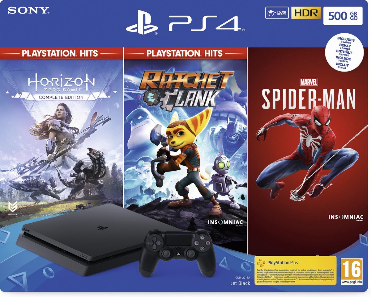 Køb PlayStation 4 500GB 3 Games (Horizon Zero Dawn + Man + Ratchet & Clank)