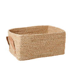 Rice - Raffia Rectangular Basket w. Leather Handle - Nature