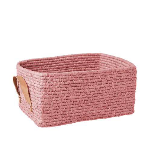 17: Rice - Raffia Rektangulær Kurv m. Læder Håndtag - Soft Pink