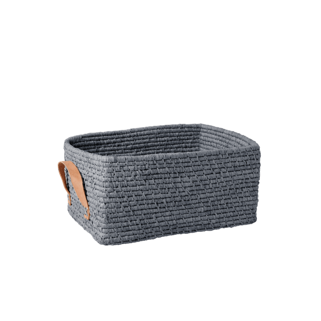 Rice - Raffia Rectangular Basket w. Leather Handle - Blue