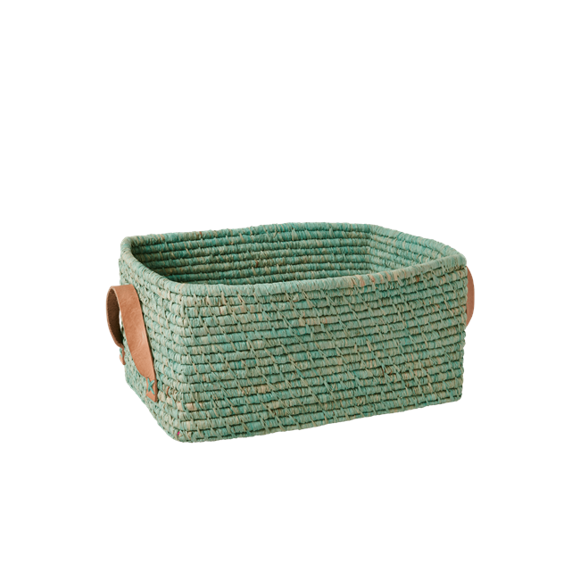 Rice - Raffia Rectangular Basket w. Leather Handle - Mint