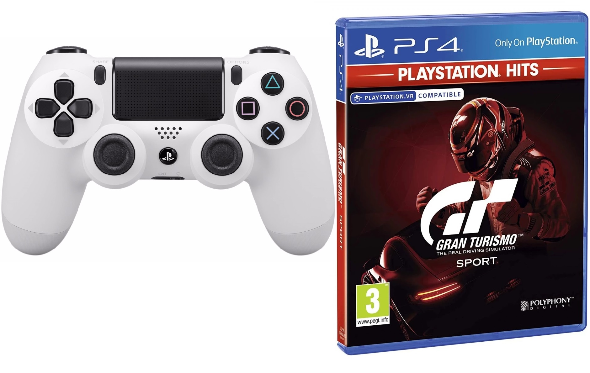 Køb Sony Dualshock 4 Controller v2 White + Gran Turismo: Sport (PlayStation Hits) (Nordic)
