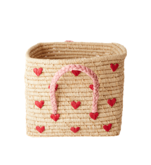 Rice - Small Square Raffia Basket with Handles - Hearts