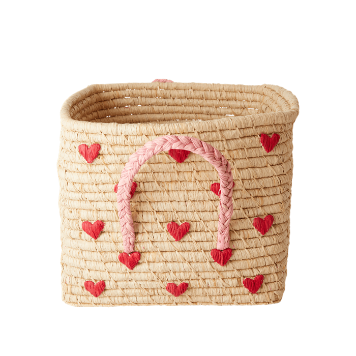 Rice - Small Square Raffia Basket with Handles - Hearts