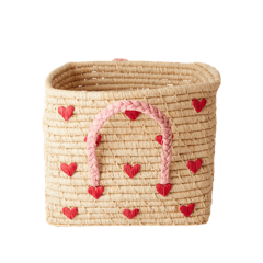 Rice - Small Square Raffia Kurv med Hanke - Hjerter