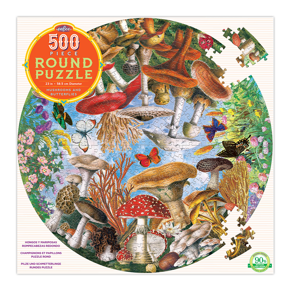eeBoo - Rundt puslespill 500 stykker - Sopp og sommerfugler