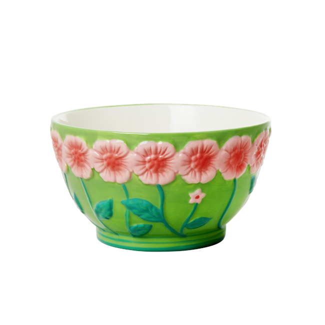 Rice - Ceramic Bowl with Embossed Flower Design - Sage Green
