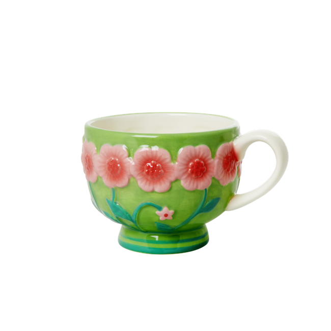 Rice - Ceramic Mug - Embossed Pink &  Sage Green Flower Design