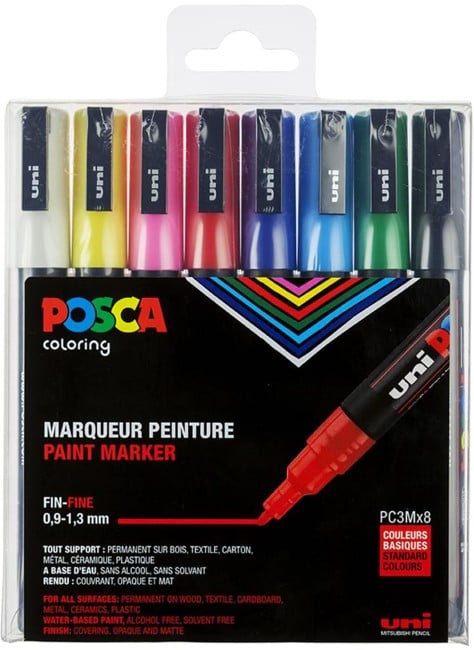 Posca - PC3M - Fin Tip Pen - Basisfarver, 8 stk