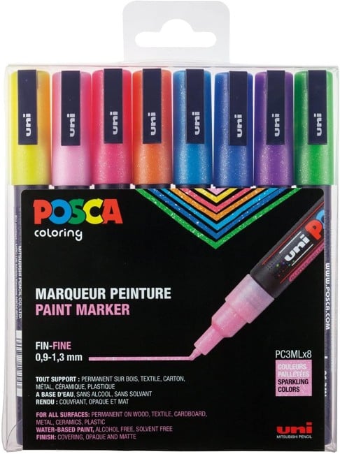Posca - PC3M - Fin Tip Pen - Sparkling Colors, 8 stk