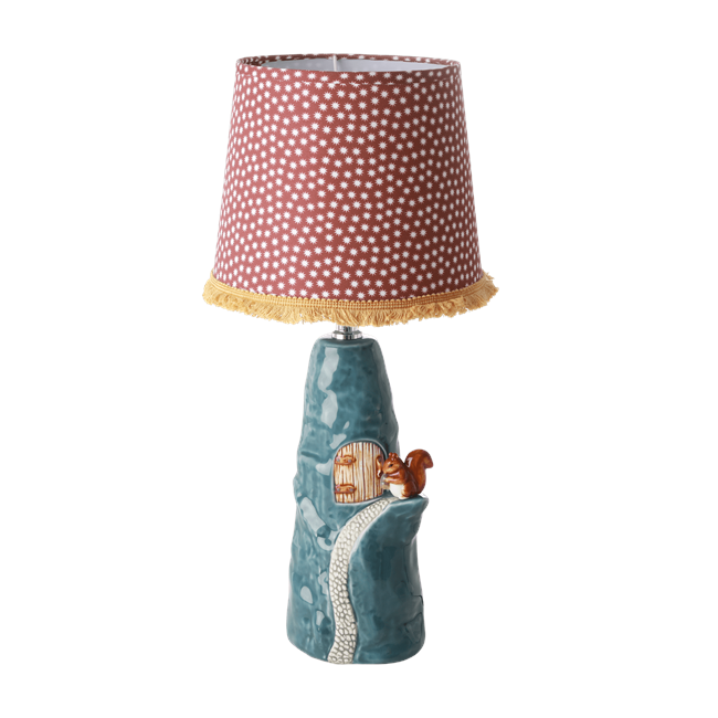 Rice - Keramik Lampe m. EgernSquirrel - inkl Lampeskærm - Stor