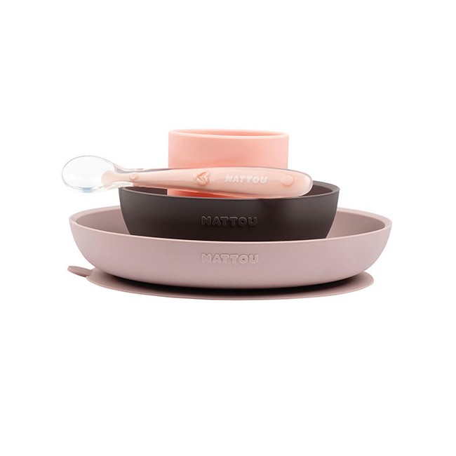 Nattou - Dinner Set 4 Pcs Soft Silicone - Pink / Eggplant