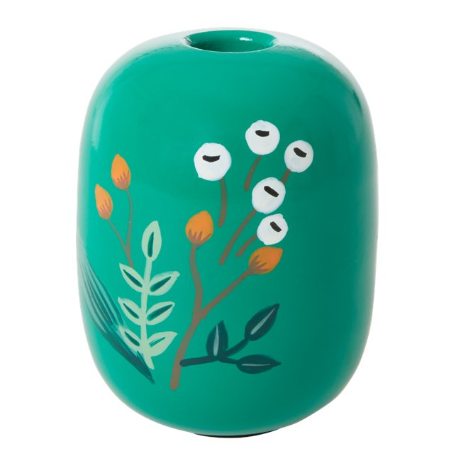Rice - Metal Candleholder Large - Green w. Handpainted Flowers