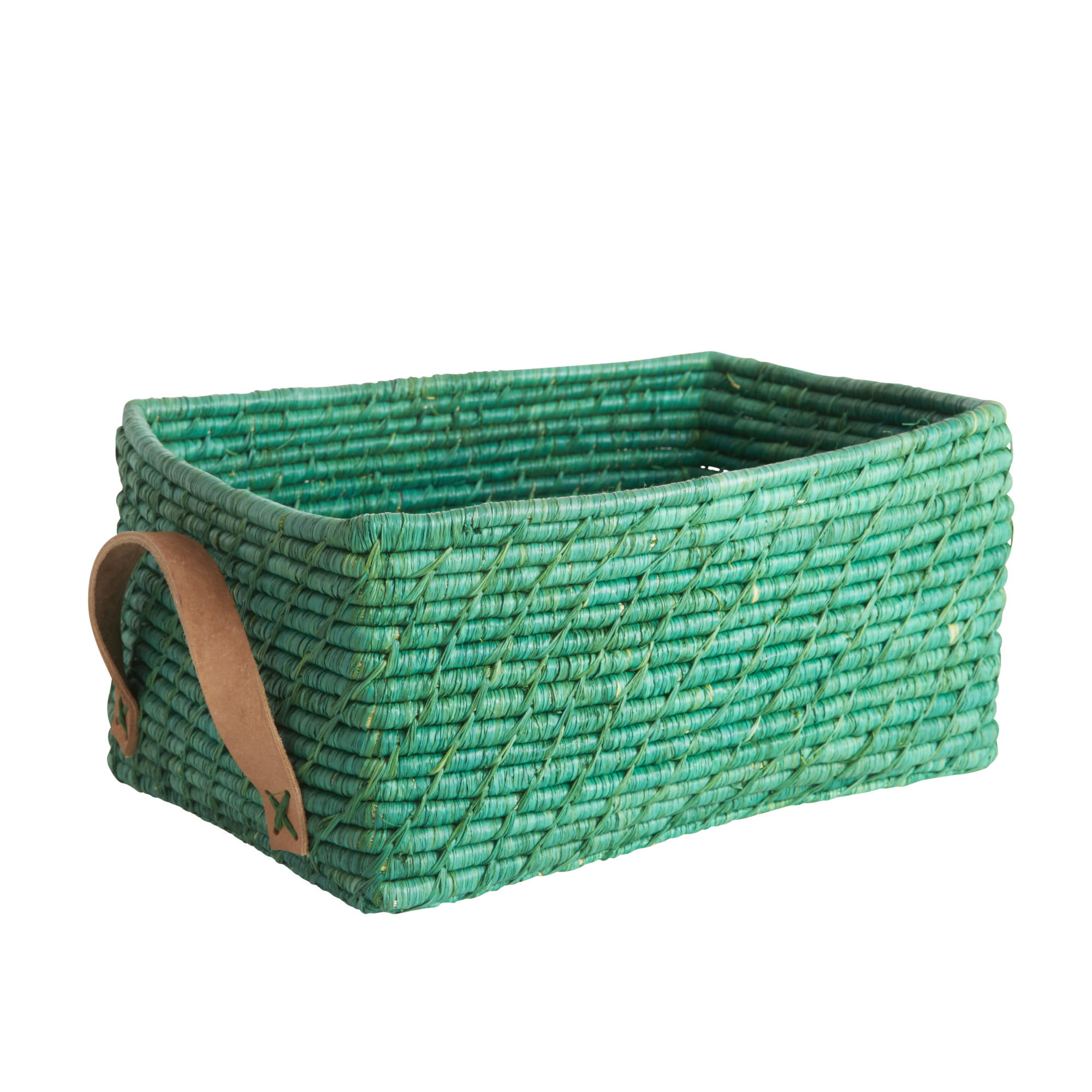 Rice - Raffia Rectangular Basket w. Leather Handle - Green