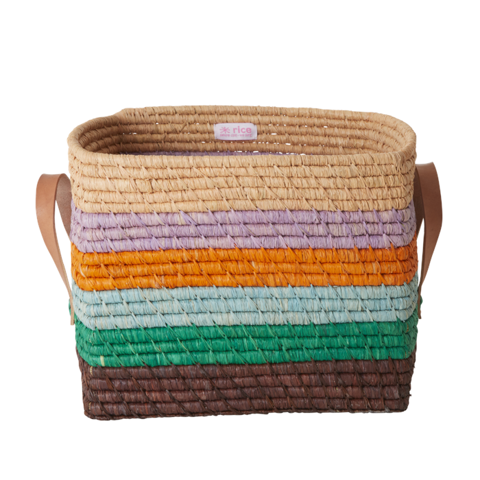 Rice - Small Square Raffia Basket with Leather Handles - Stripes The Call of The Disco Ball
