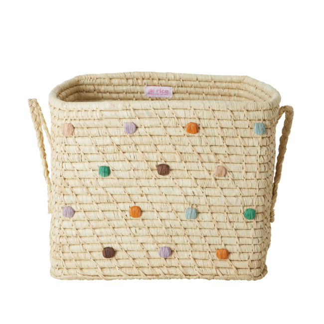 Rice - Small Square Raffia Basket with Leather Handles - Dots The Call of The Disco Ball