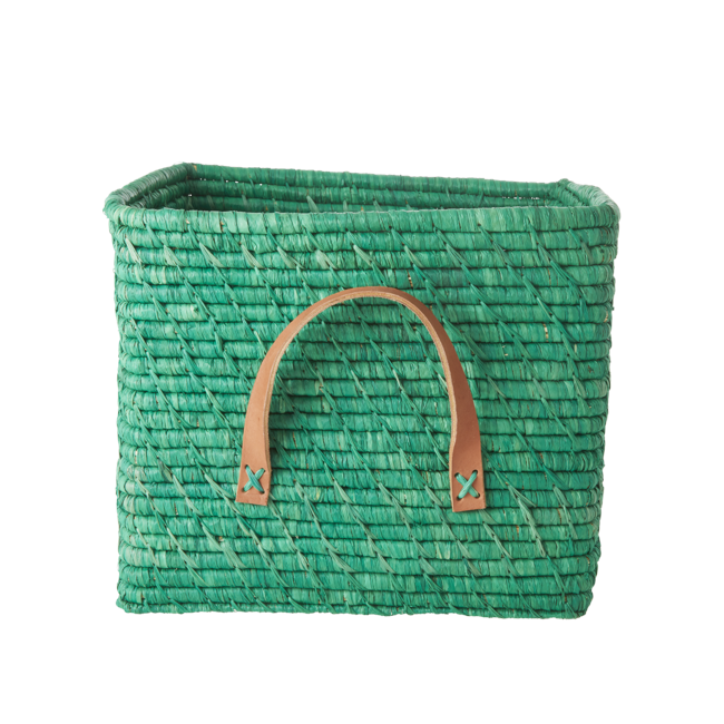 Rice - Small Square Raffia Basket with Leather Handles - Green