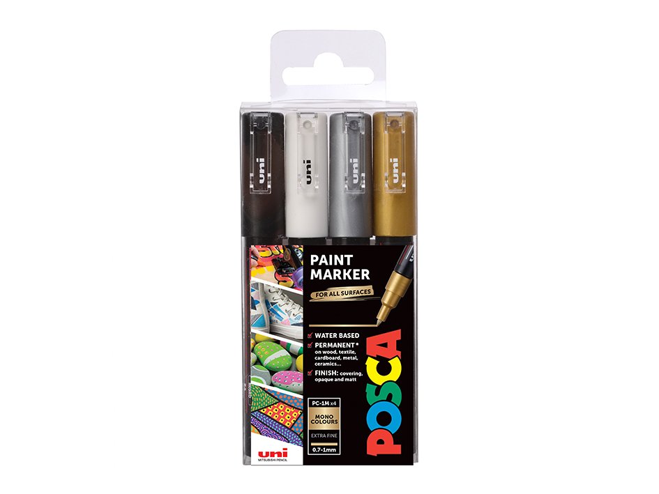 ​Posca - PC1MC - Extra Fine Tip Pen - Gold, Silver, Black and White, 4 pc​ - Leker