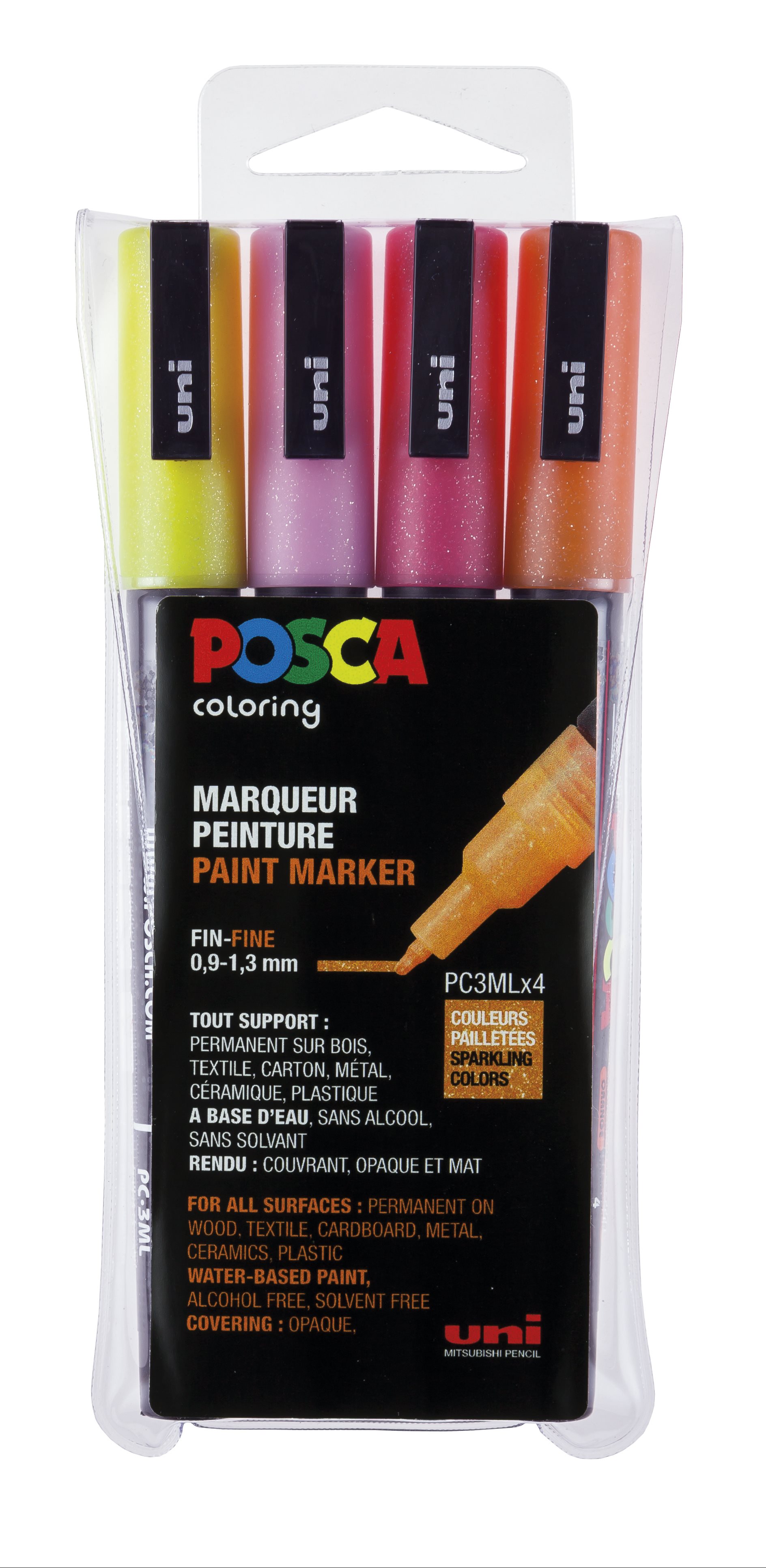 Posca - PC3M - Fine Tip Pen - Glitter pink, 4 pc - Leker