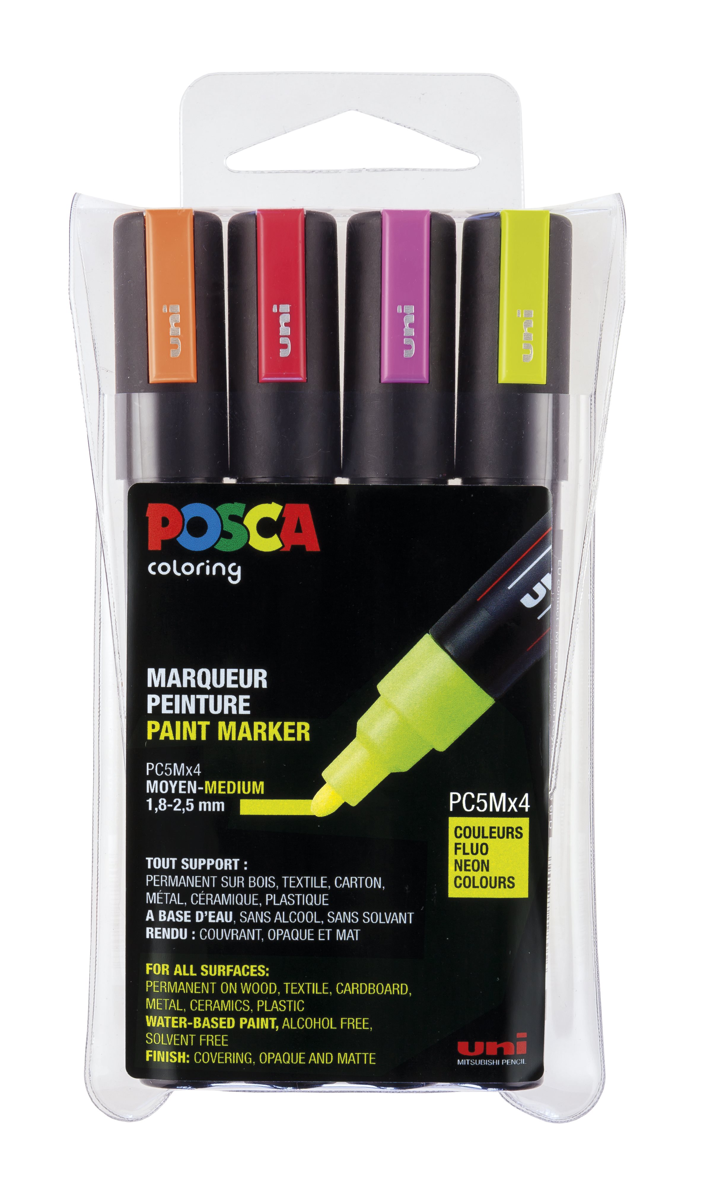 Posca - PC5M - Medium Tip Pen - Neon colors, 4 pc - Leker