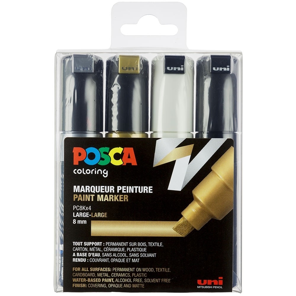 Posca - PC8K - Broad Tip Pen - Gold, Silver, Black and White, 4 pc - Leker