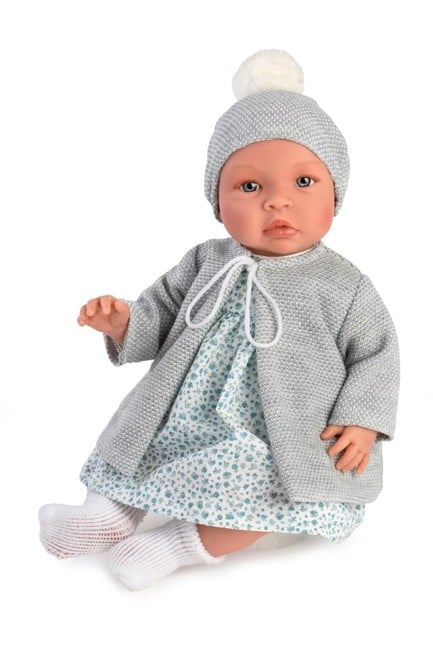 Asi - Leonora baby doll in blue flowerprint dress and grey jacket