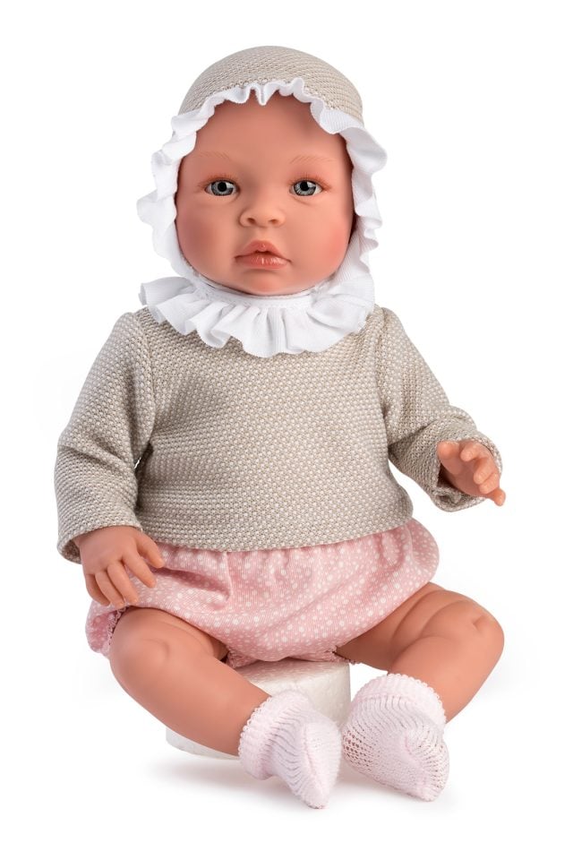 Asi - Leonora babydukke i pink bomsterprint og beige sweater