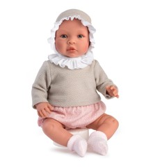 Asi - Leonora babydukke i pink bomsterprint og beige sweater