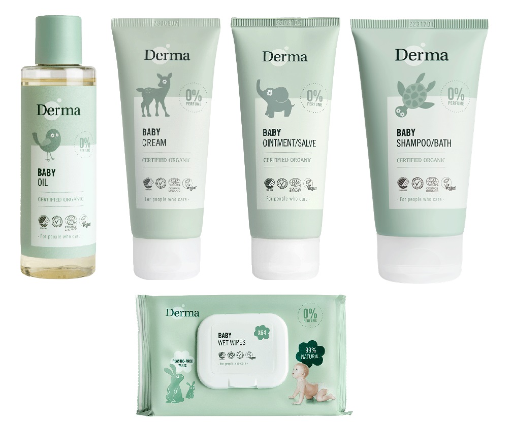 4: Derma - Eco Baby Shampoo/Bad 150 ml + Oile 150 ml + Creme 100 ml + Salve 100 ml + Vådservietter 64 stk