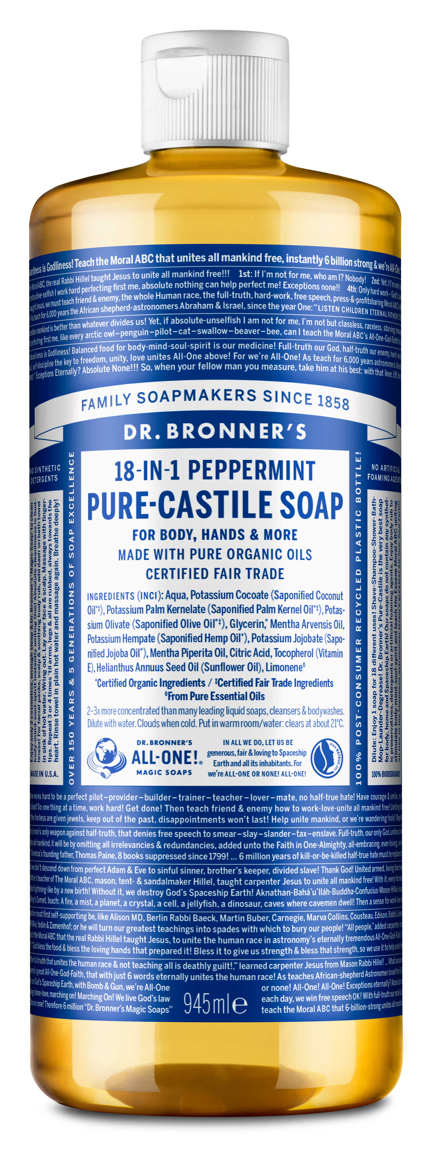 Dr. Bronner's - Pure Castile Liquid Soap Peppermint 945 ml - Skjønnhet