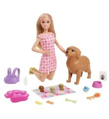Barbie - Dukke & nyfødte hvalpe Legesæt (HCK75)