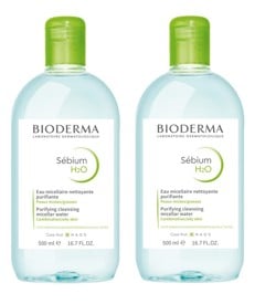 Bioderma - 2 x Sebium H2O Purifying Cleansing Micellar Solution 500 ml - Micellar Water (Kort holdbarhed 31/8)