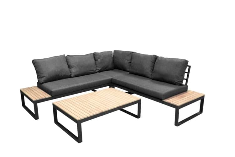 Venture Design - Panama Garden Corner Sofa with Cushions - Alu/Wood - Black/Grey/Acacia (9560-068)